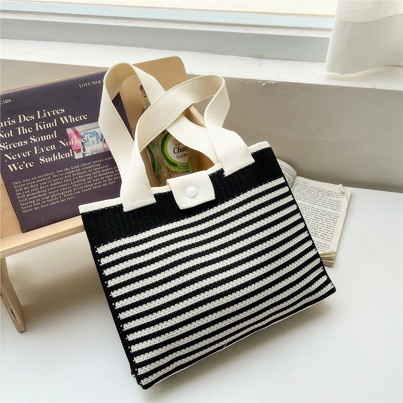 Women's Medium Knit Stripe Classic Style Buckle Tote Bag