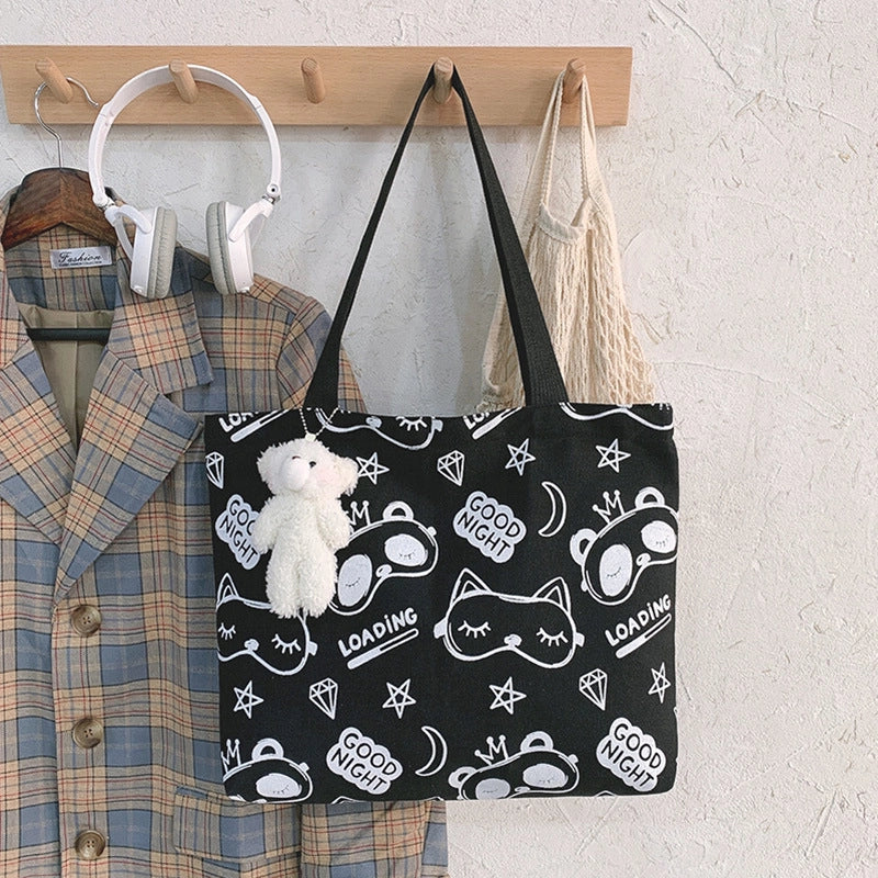 Women's Large Canvas Animal Cartoon Cute Zipper Tote Bag