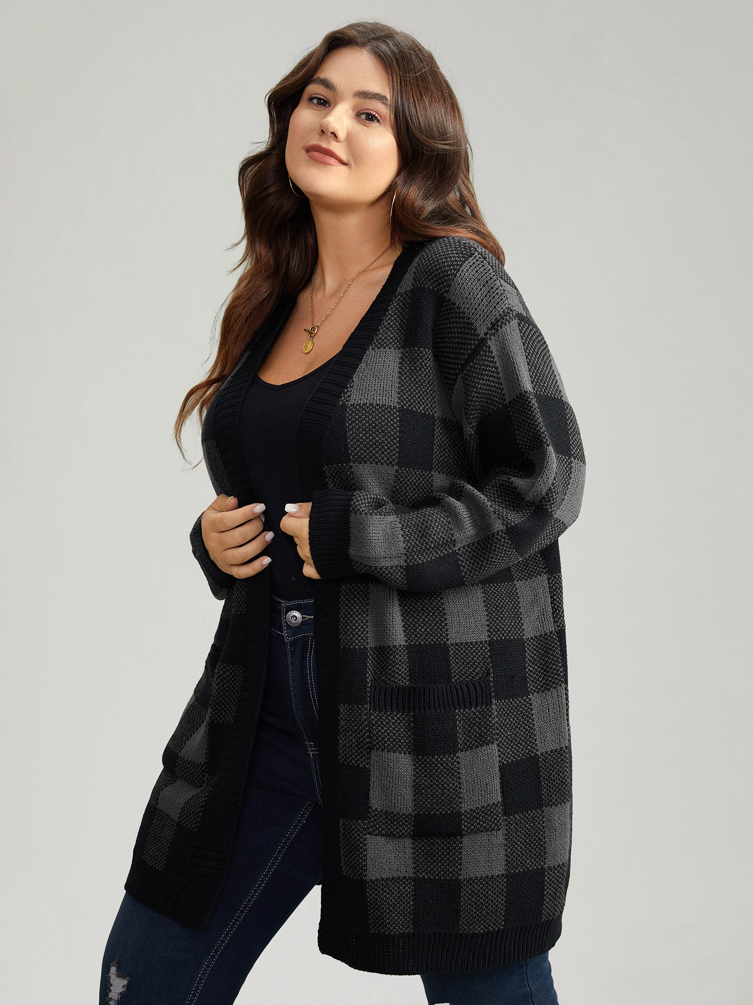 Plaid Patched Pocket Loose Cardigan