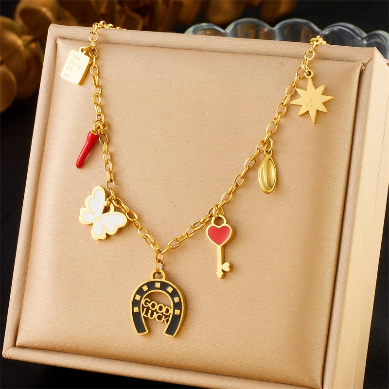 Personalized Hollow Round Plate Epoxy Elephant Sweater Chain Stainless Steel Color-Preserving Accessories Goldfish Pendant Necklace