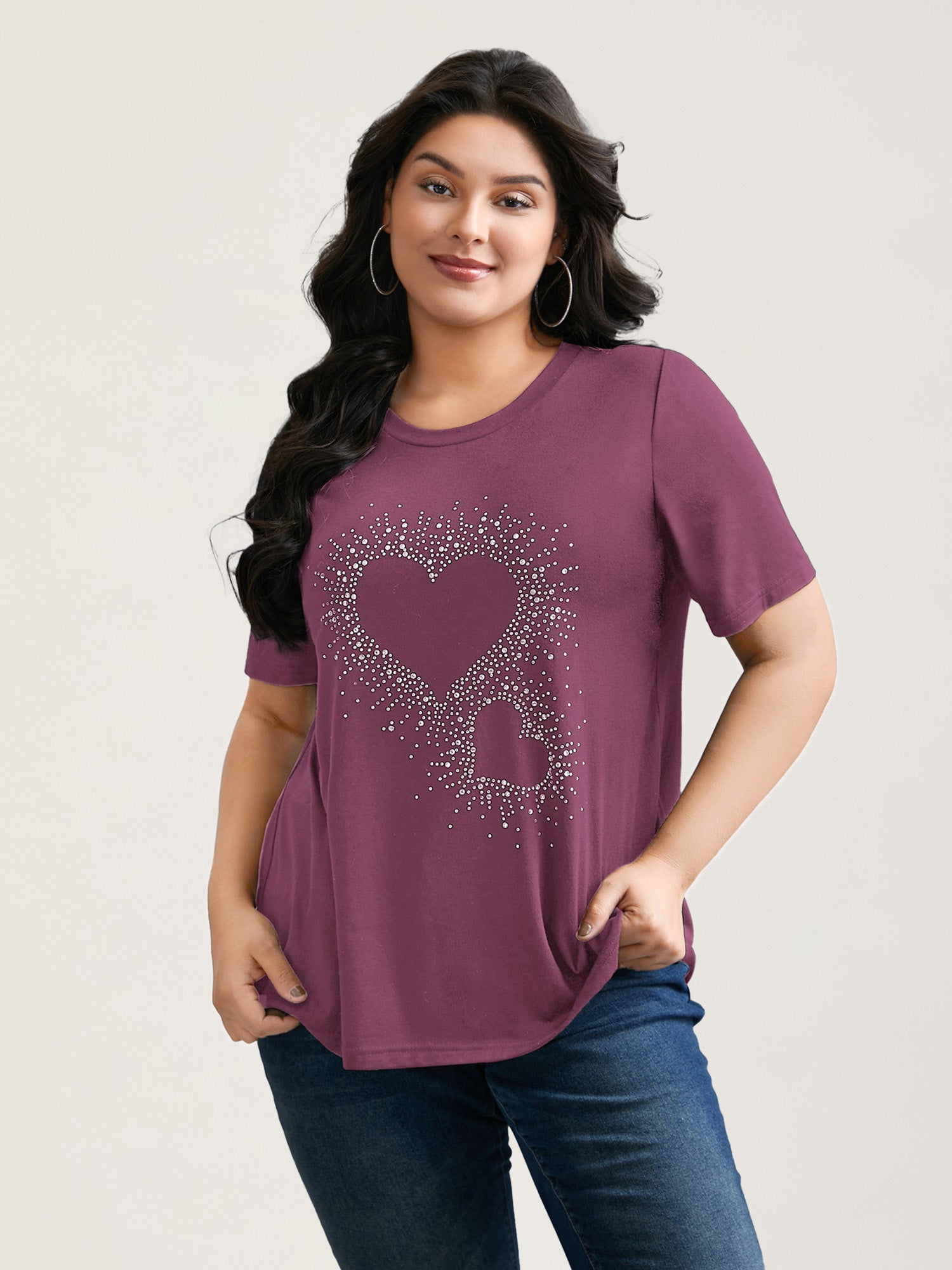Crew Neck Rhinestone Heart T-Shirt