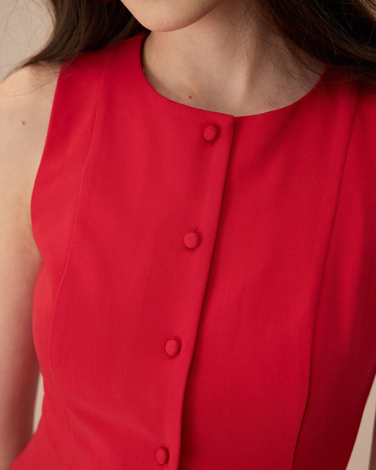 The Red Round Neck Button Mini Dress