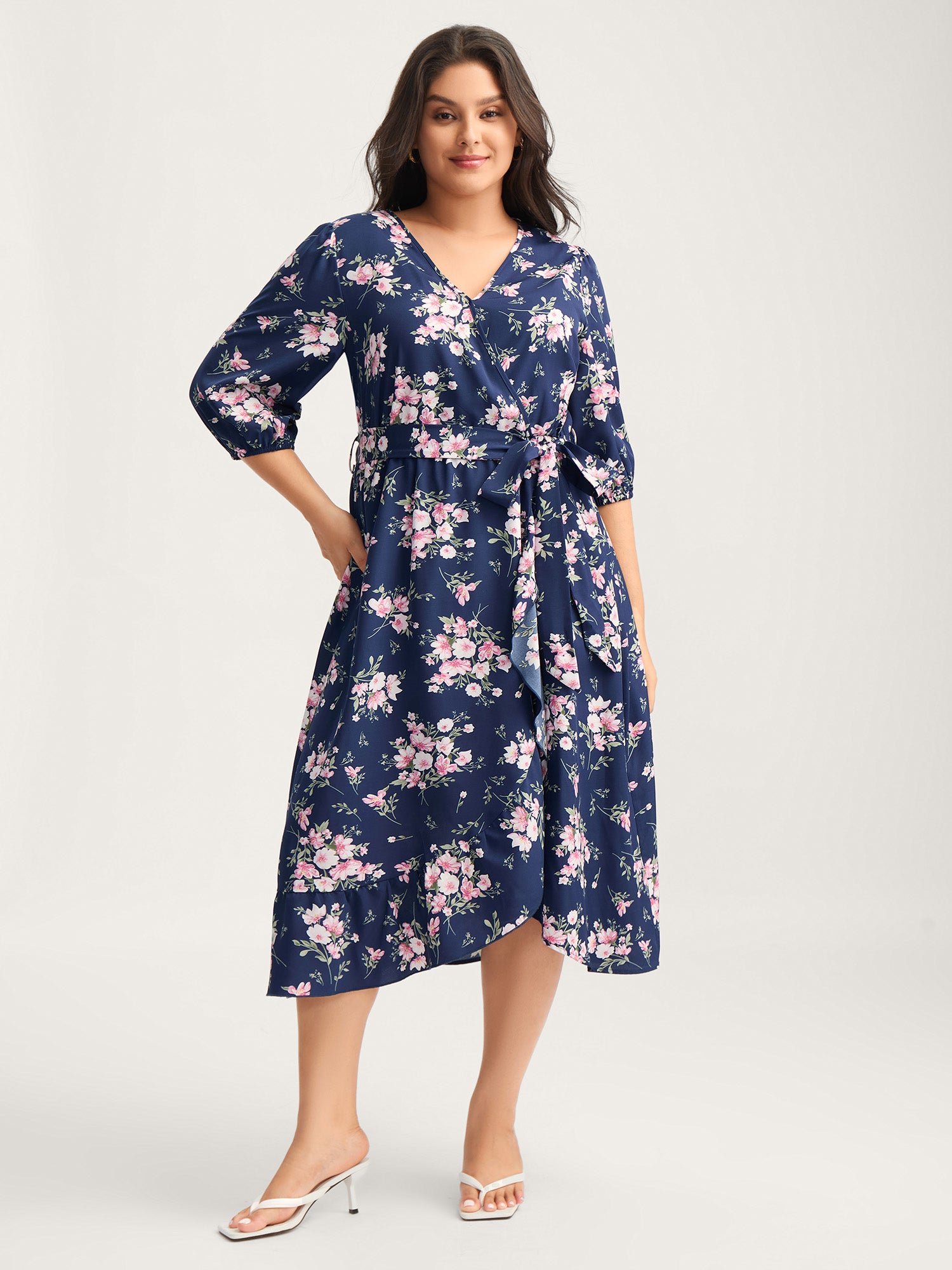 Floral Print Belted Wrap Hem Midi Dress