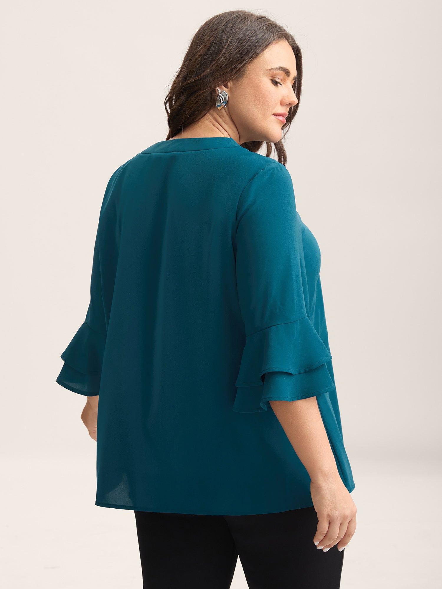 Ribbon Collar Double Lotus Sleeve Blouse