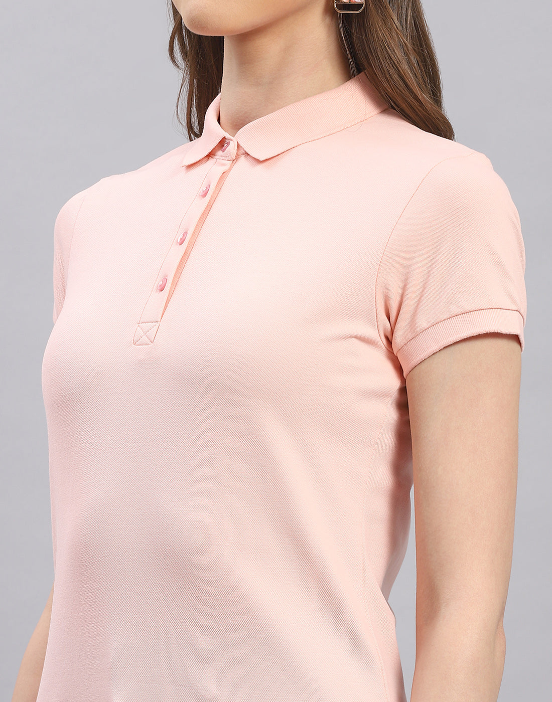 Women Peach Solid Polo Collar Half Sleeve T-Shirt