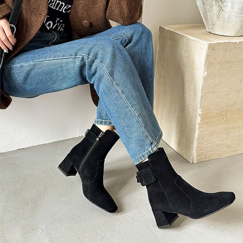 Women's Elegant Ankle Boots 55mm Heels Side Zipper Slimming Boots in Black/Grey
