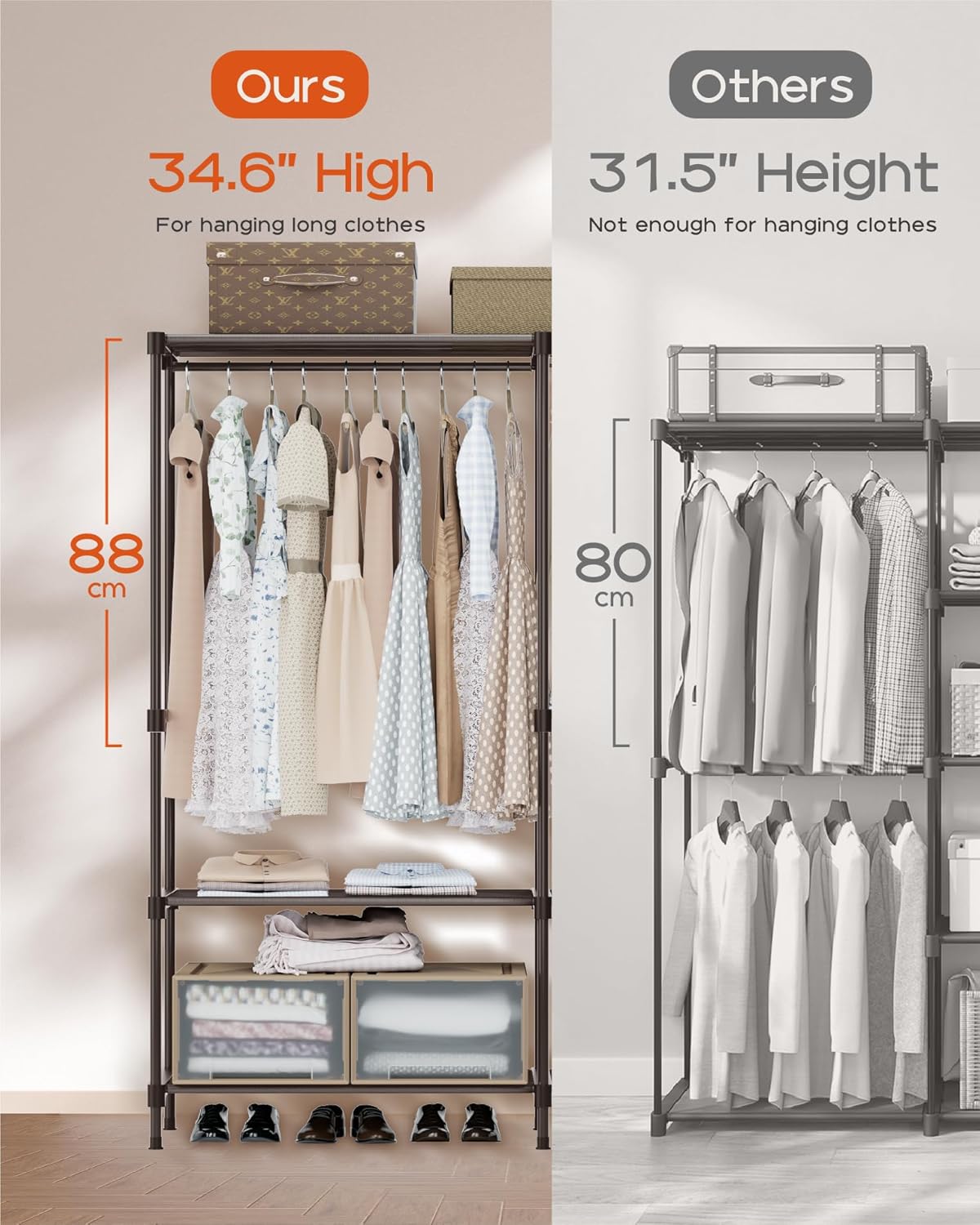 Clothes Rack, Portable Closet, 54.3 Inch Large Capacity Wardrobe Closet, Clothes Storage Organizer with Shelves and 3 Hanging Rods, Easy to Assembly, Black PCT022B01