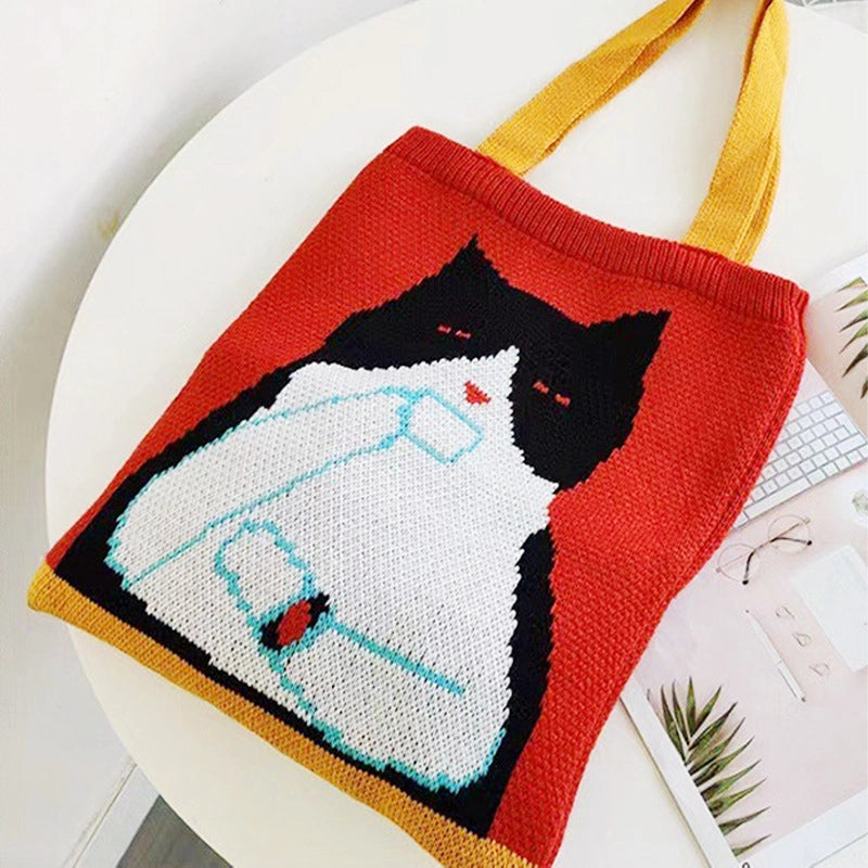 Women's Polyester Animal Cat Cute Square Open Shoulder Bag