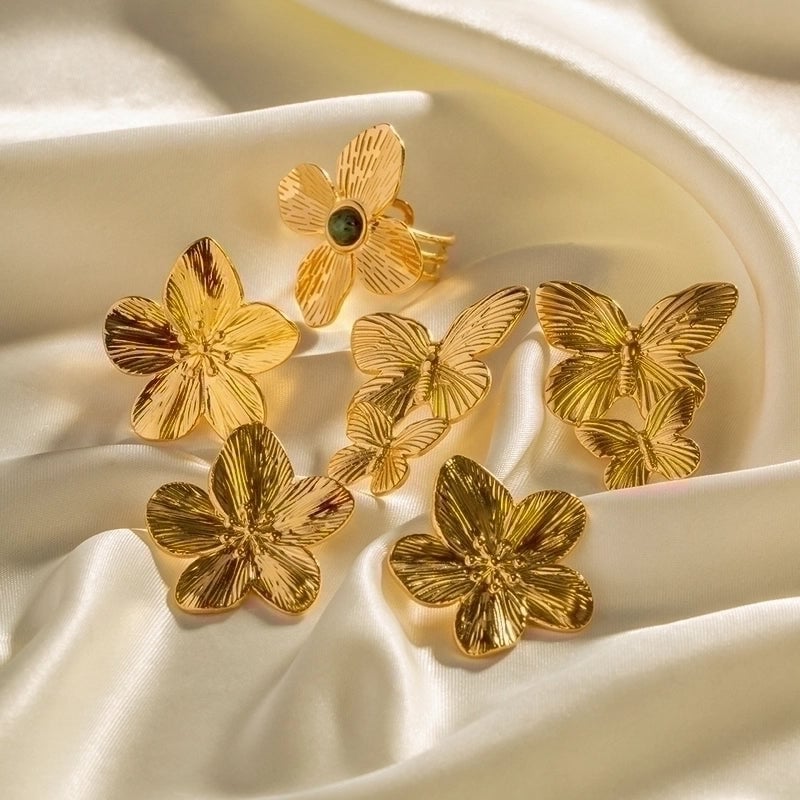 INS Style Flower Butterfly 304 Stainless Steel Turquoise 18K Gold Plated Plating Inlay Rings Earrings