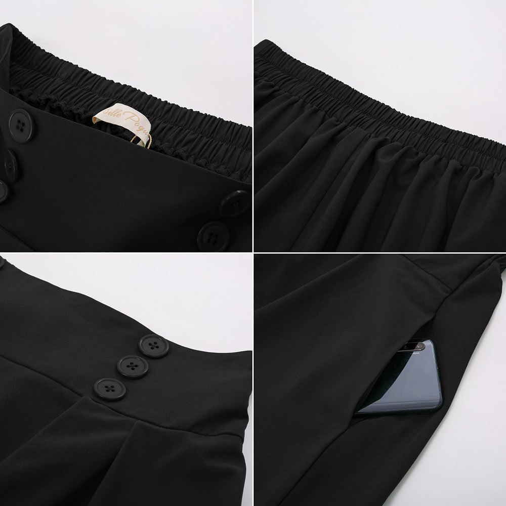 Leaf Patterns Pleated Buttons Decorated Elastic Waist High Waist Swing A-Line Skirt with Pockets