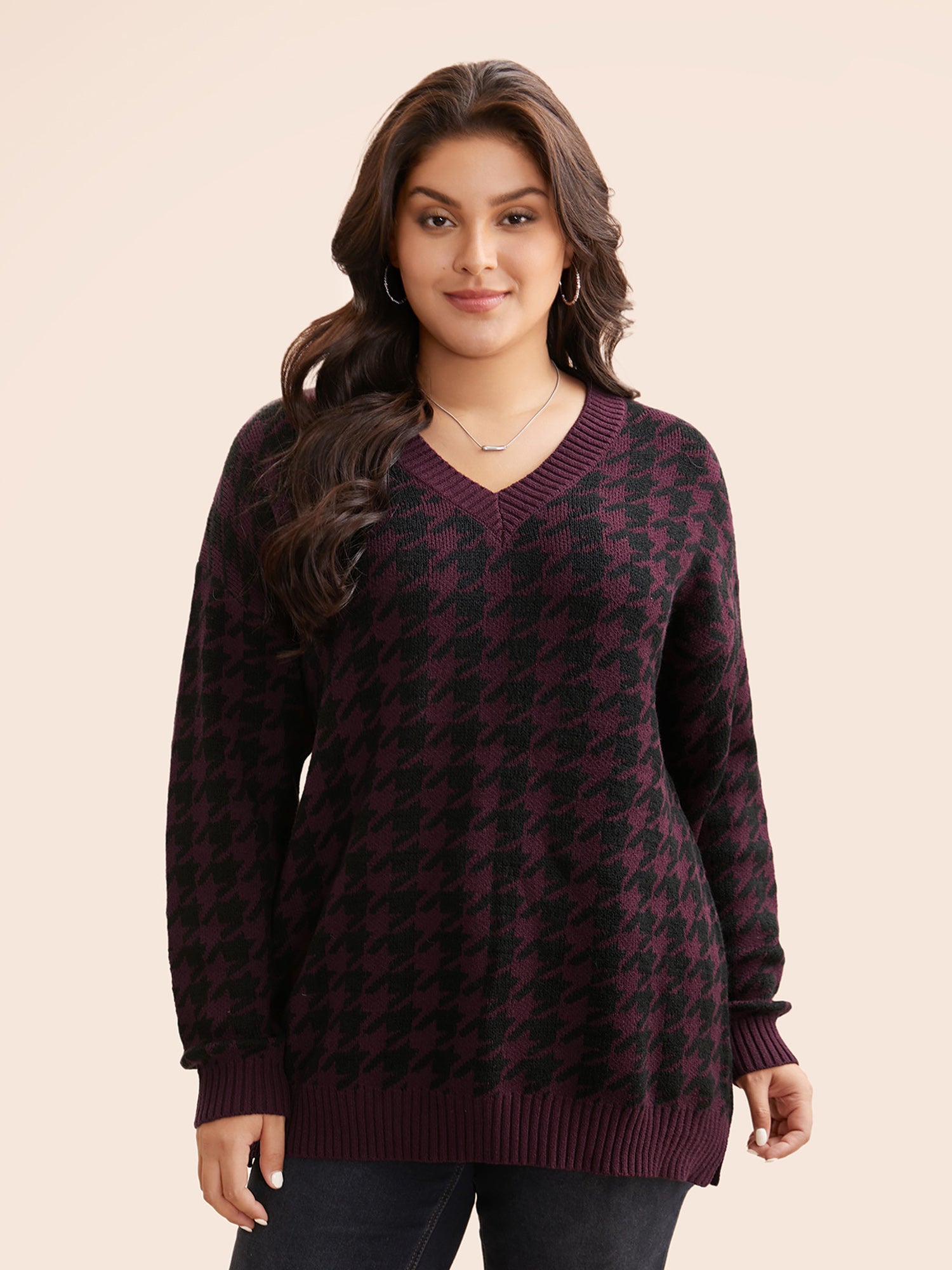 V Neck Houndstooth Drop Shoulder Pullover