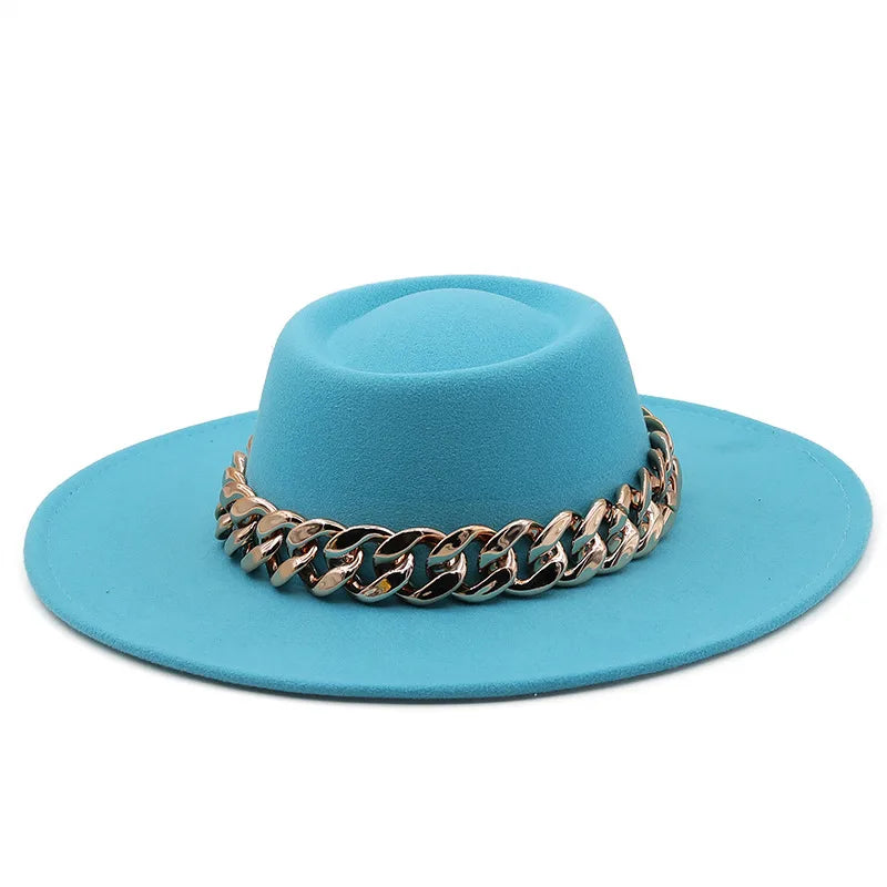 New Retro Ethnic Style 9.5 Brim Wool Woolen Felt Hat Concave Top Men's And Women's Top Hat Large Brim Thick Gold Chain Hat