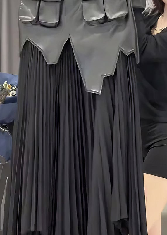 Bohemian Black PU Patchwork Wrinkled A Line Skirt Summer