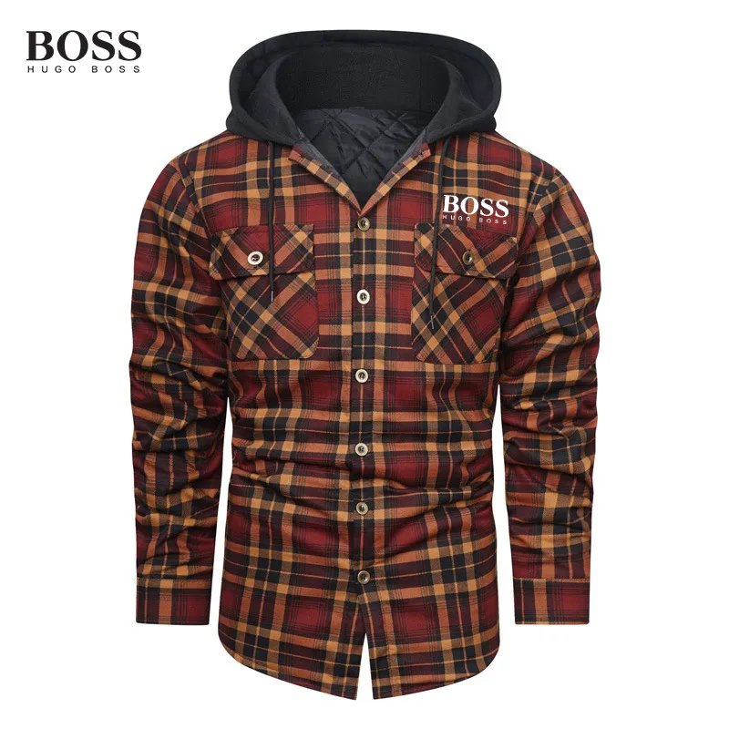 BOSS Thick Plaid Long Sleeve Loose Hooded Sweathershirt Men