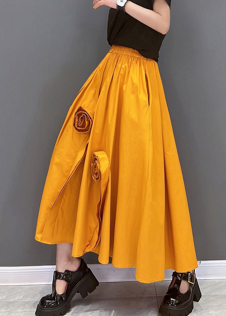 Chic Solid Orange Elastic Waist Pockets Floral Cotton A Line Skirt Summer