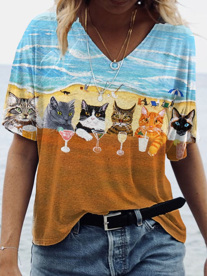 Women's Cats At The Beach Bar  Printed V-Neck T-Shirt