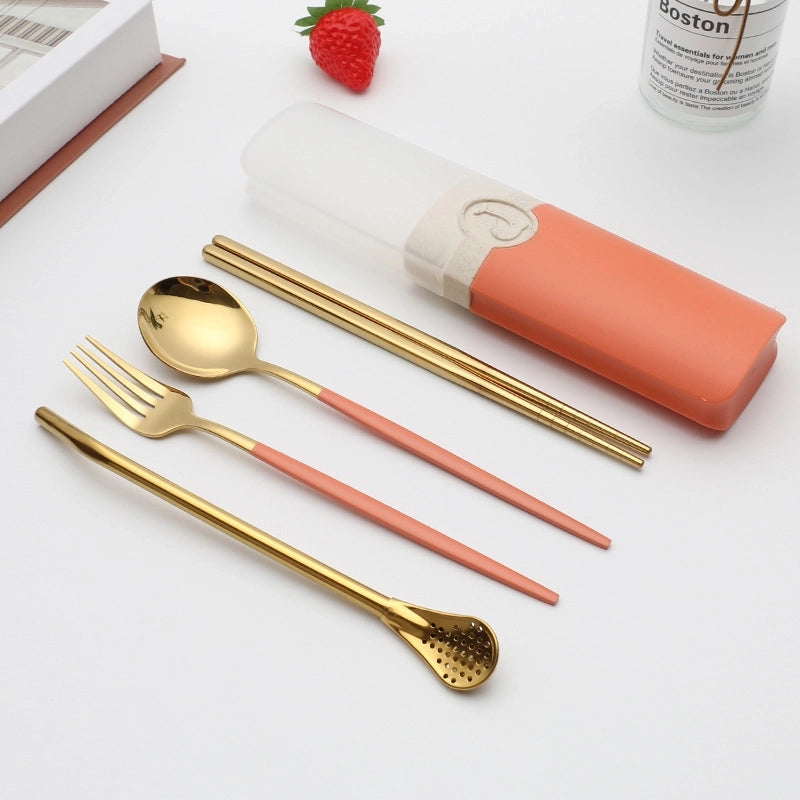 Retro Pastoral Color Block Stainless Steel Spoon Fruit Knife Fruit Fork 1 Set