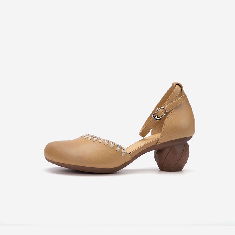 Handmade Woven Leather Sandals Closed Toe 58mm Cylinder Heel Shoes with Ankle Strap in Yellow Brown/Coffee