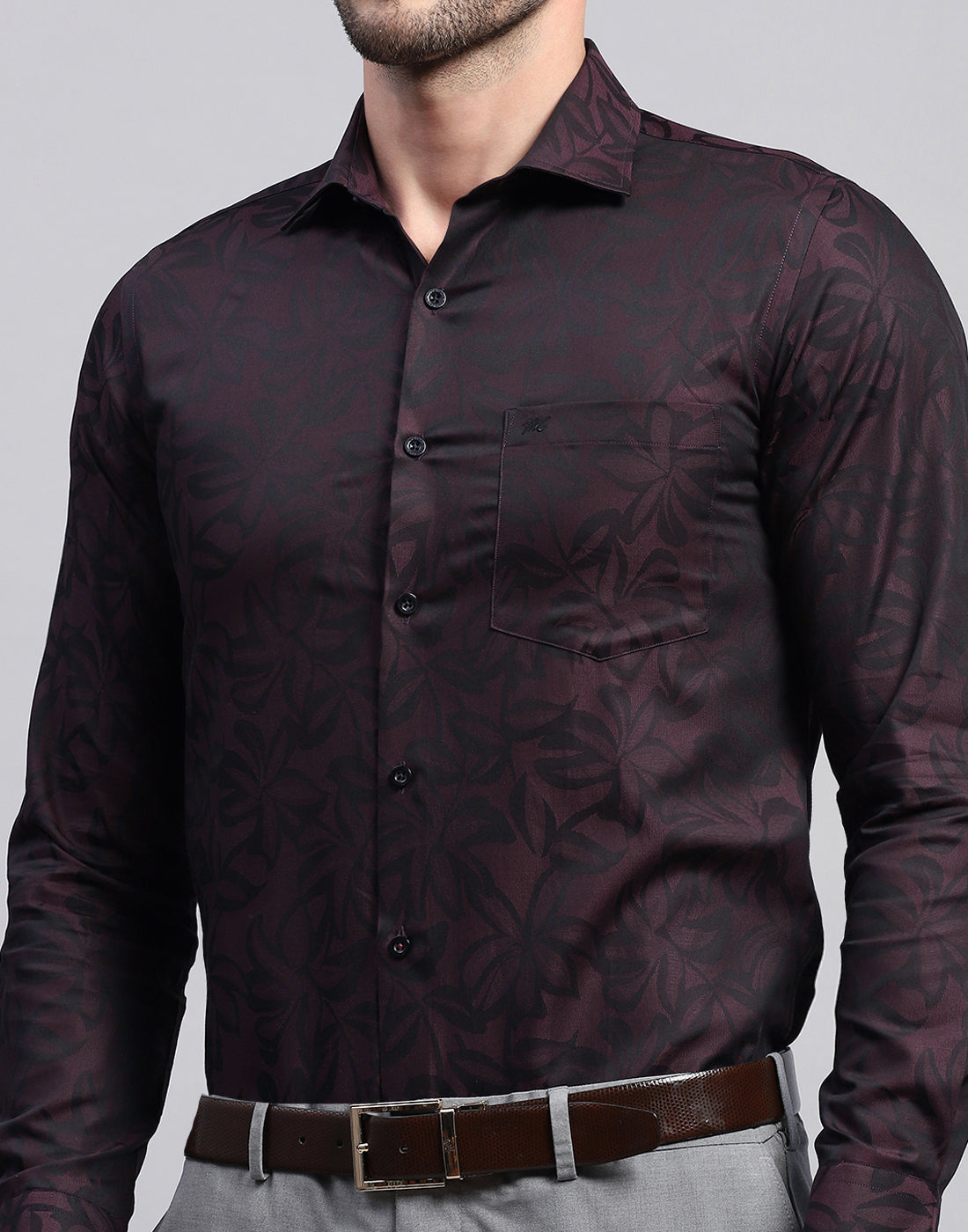 Men Maroon Floral Print Collar Neck Full Sleeve Shirt