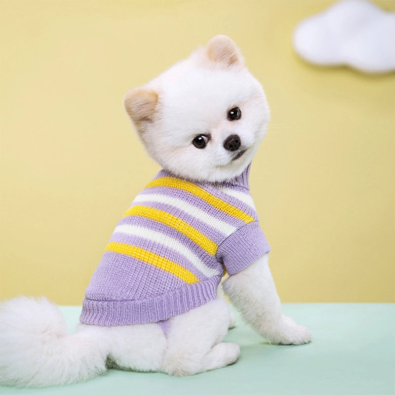 Pet Autumn And Winter Warm Strip Color Sweater Stretch Two-legged Lapel Dog Cat Knitted Wool Clothes