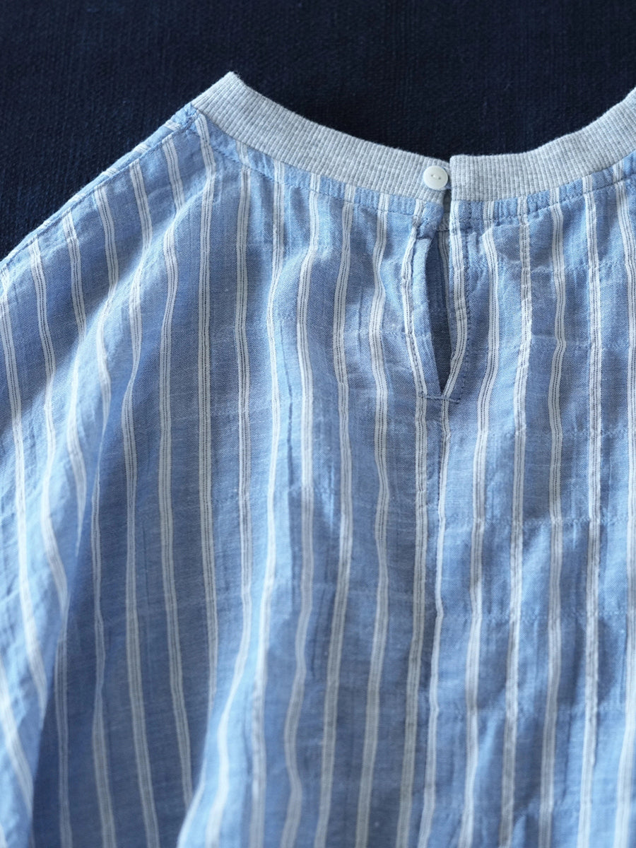 Women Summer Casual Stripe O-Neck Cotton Shirt