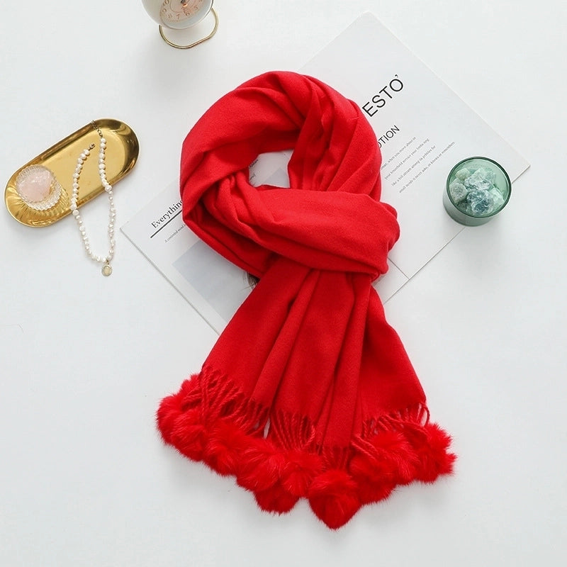 Cashmere Wool Scarf Women's Autumn And Winter High-grade Solid Color Ball Scarf Shawl Fur Ball Imitation Cashmere Scarf