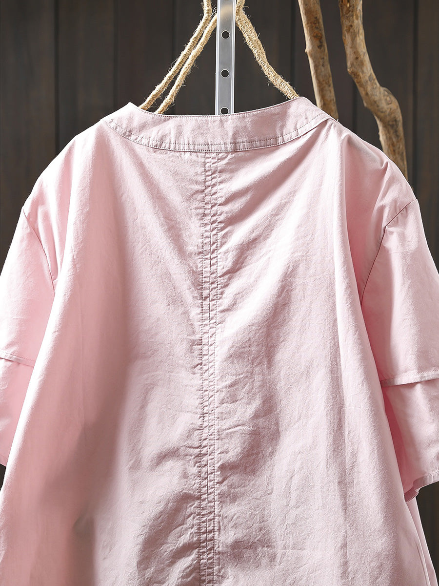 Women Summer Artsy Pure Color O-Neck 100%Cotton Shirt
