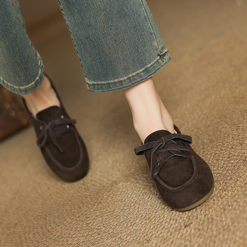 Women's Suede Leather Lace-Up Boat Shoes Round Toe Casual Driving Loafers in Deep Brown/Coffee