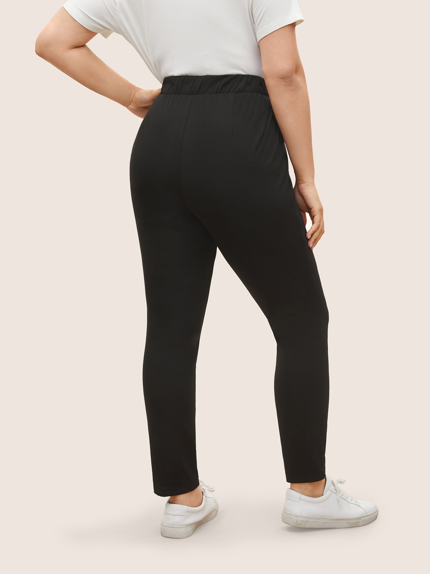 Plain Elastic Waist High Rise Slim Pants