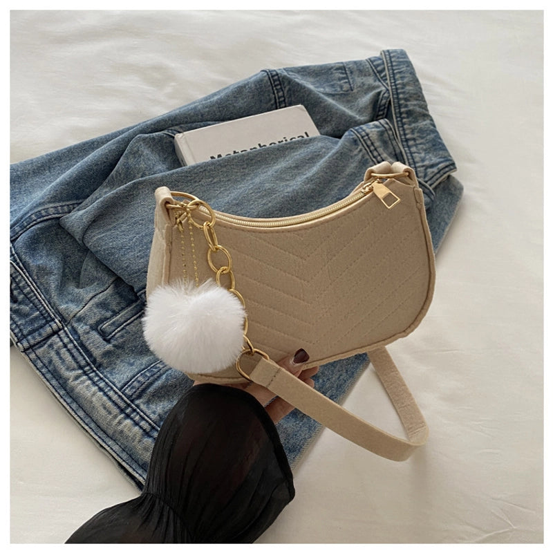 Women's Felt Solid Color Basic Fluff Ball Sewing Thread Dumpling Shape Zipper Shoulder Bag