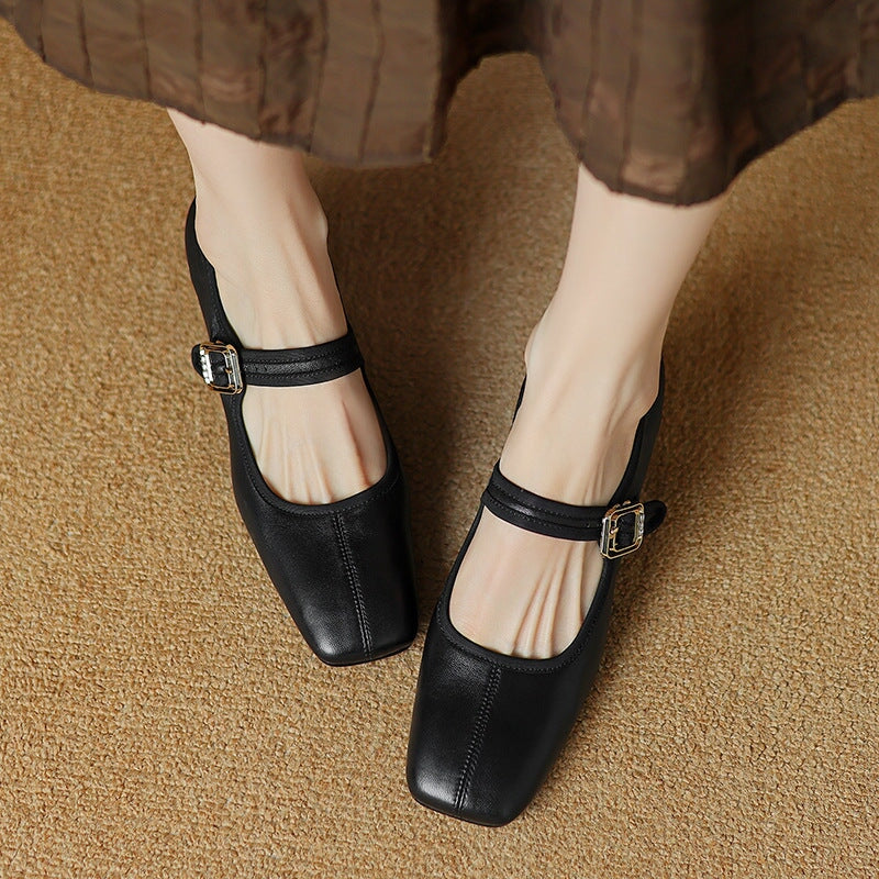 Vintage Sheepskin Square Toe 60mm Block Heel Mary Jane in Black/Wine Red
