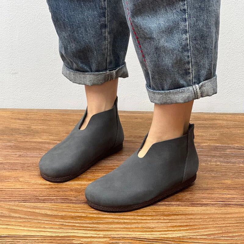 Zero Drop Soft Leather Barefoot Ankle Boots For Women Back Zip In Coffee/Grey