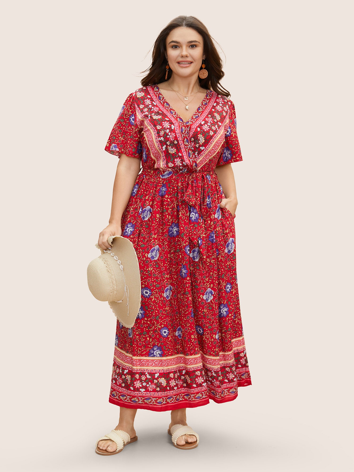 Bandana Surplice Neck Pocket Belted Flutter Hem Maxi Dress