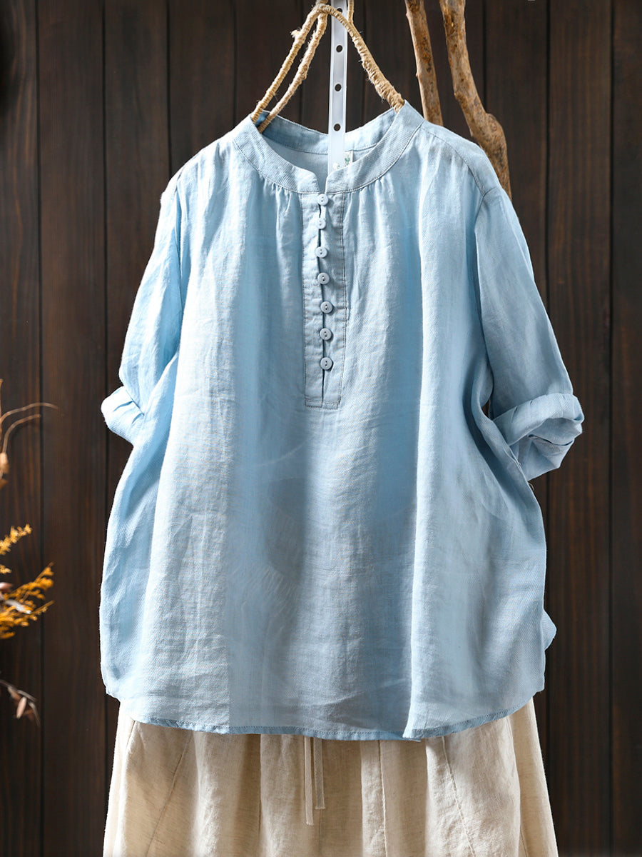 Women Summer Pure Color Stand Collar 100%Ramie Shirt