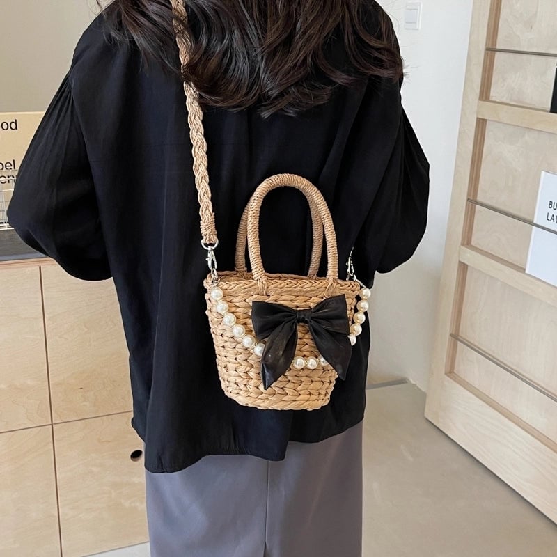 Women's Straw Solid Color Bow Knot Beach Weave Sewing Thread String Handbag Crossbody Bag Bucket Bag