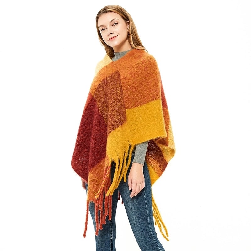 Hot Style New Autumn And Winter Women's Shawl Thick Tassel Loop Yarn Large Plaid Cloak