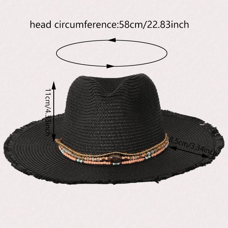 Women's Vacation Beach Solid Color Beaded Straps Wide Eaves Straw Hat