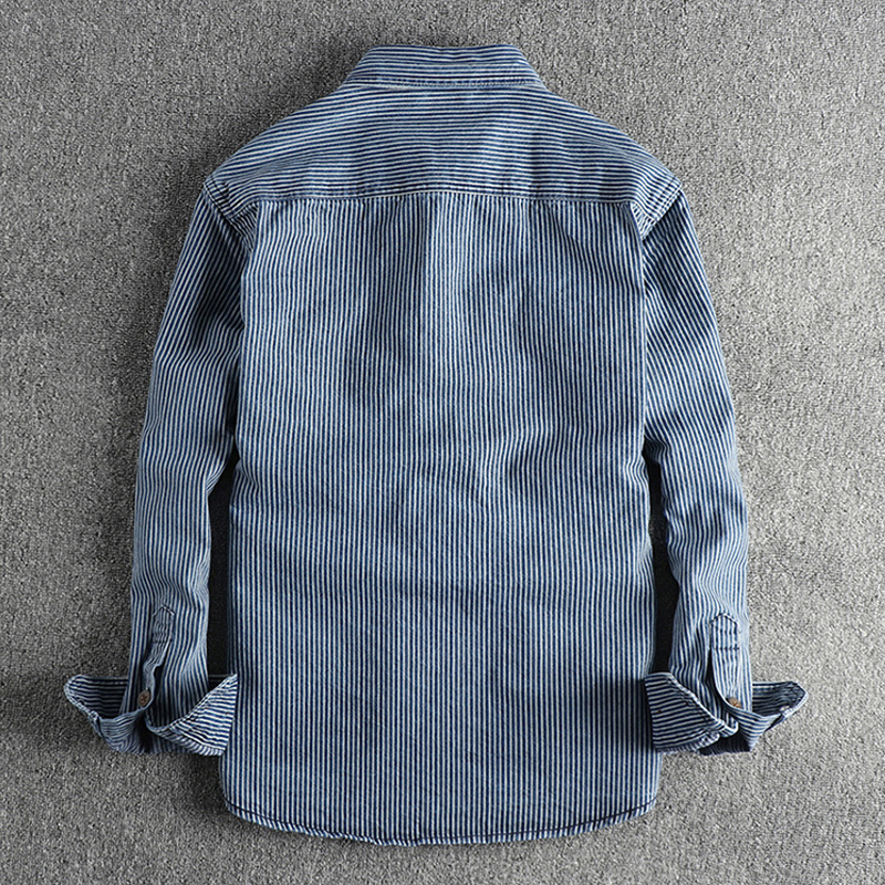 Retro Yarn-Dyed Striped Washed Distressed Workwear Denim Shirt