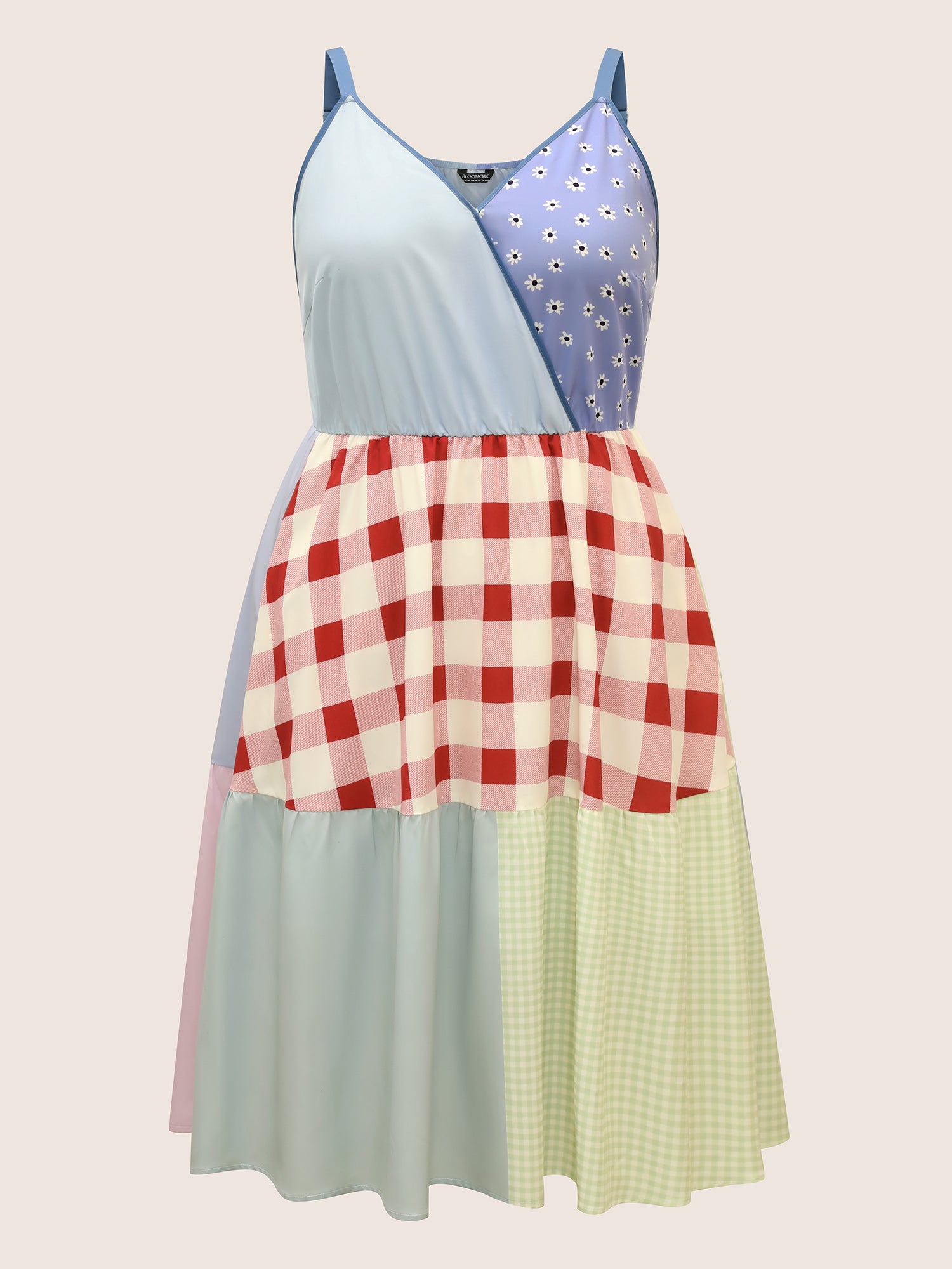 Overlap Collar Plaid Patchwork Midi Dress