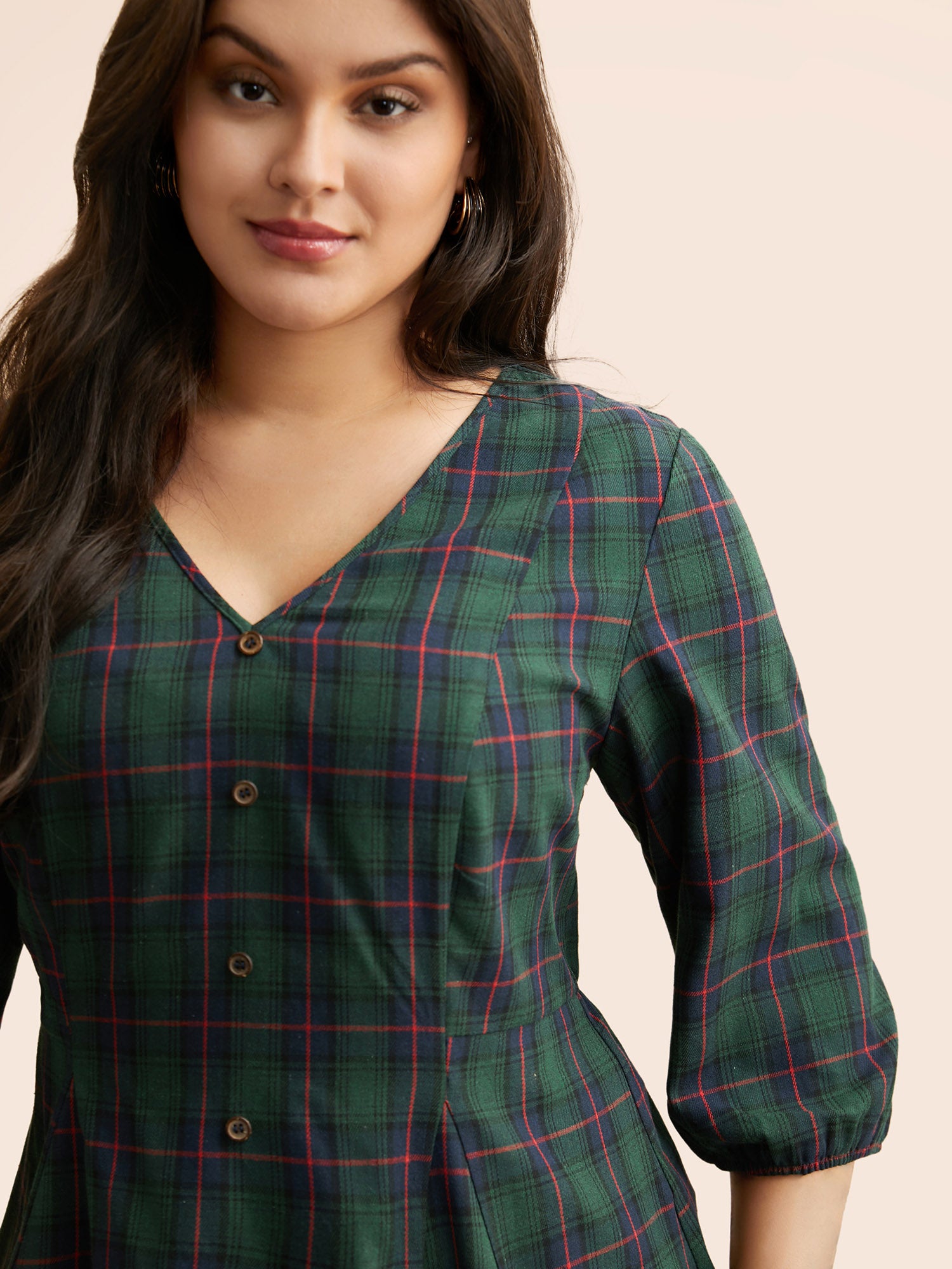 Plaid Button Detail Lantern Sleeve Blouse