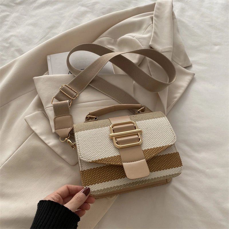 Women's Pu Leather Stripe Classic Style Sewing Thread Square Magnetic Buckle Flip Cover Crossbody Bag