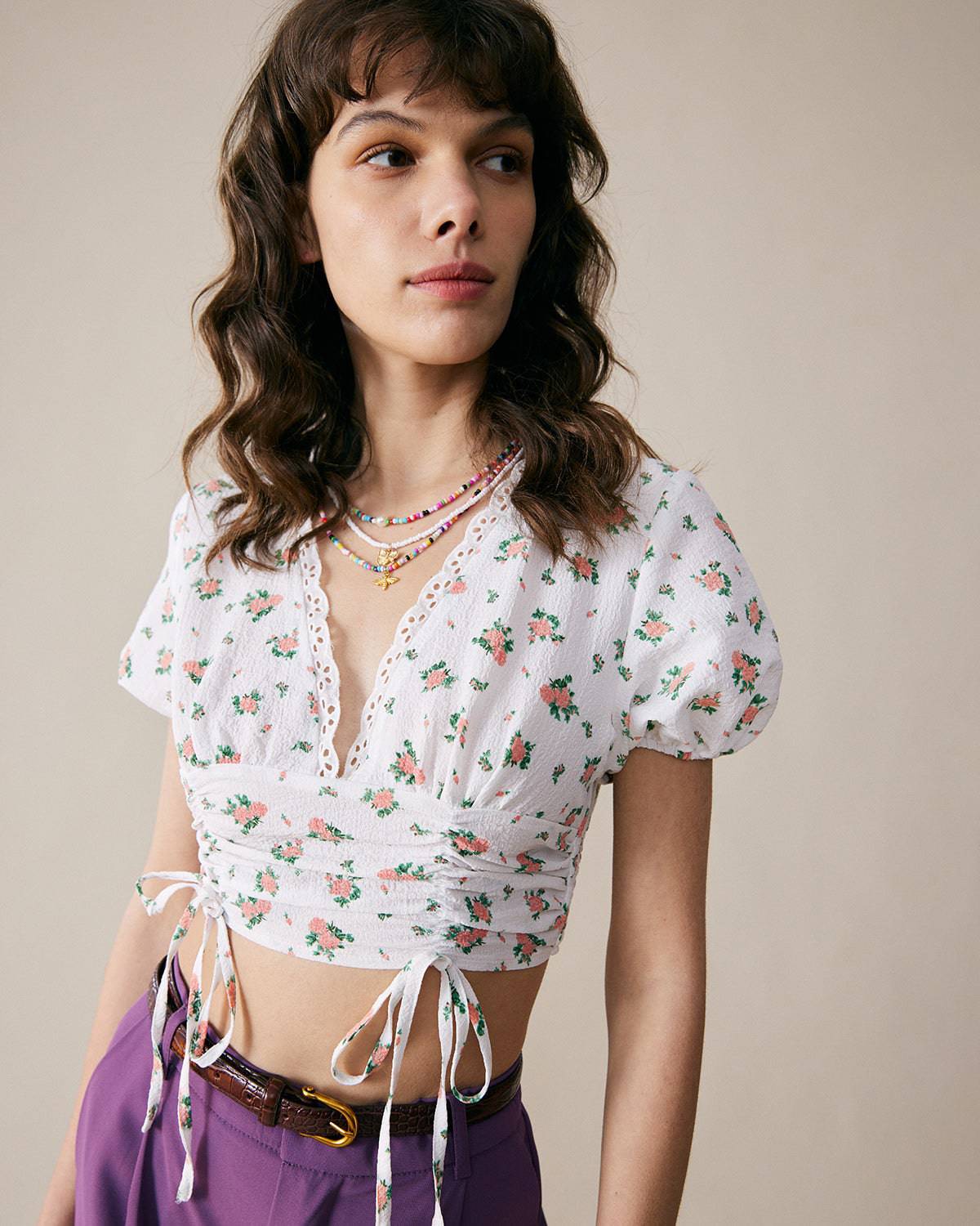 The Rose Print Drawstring Crop Blouse