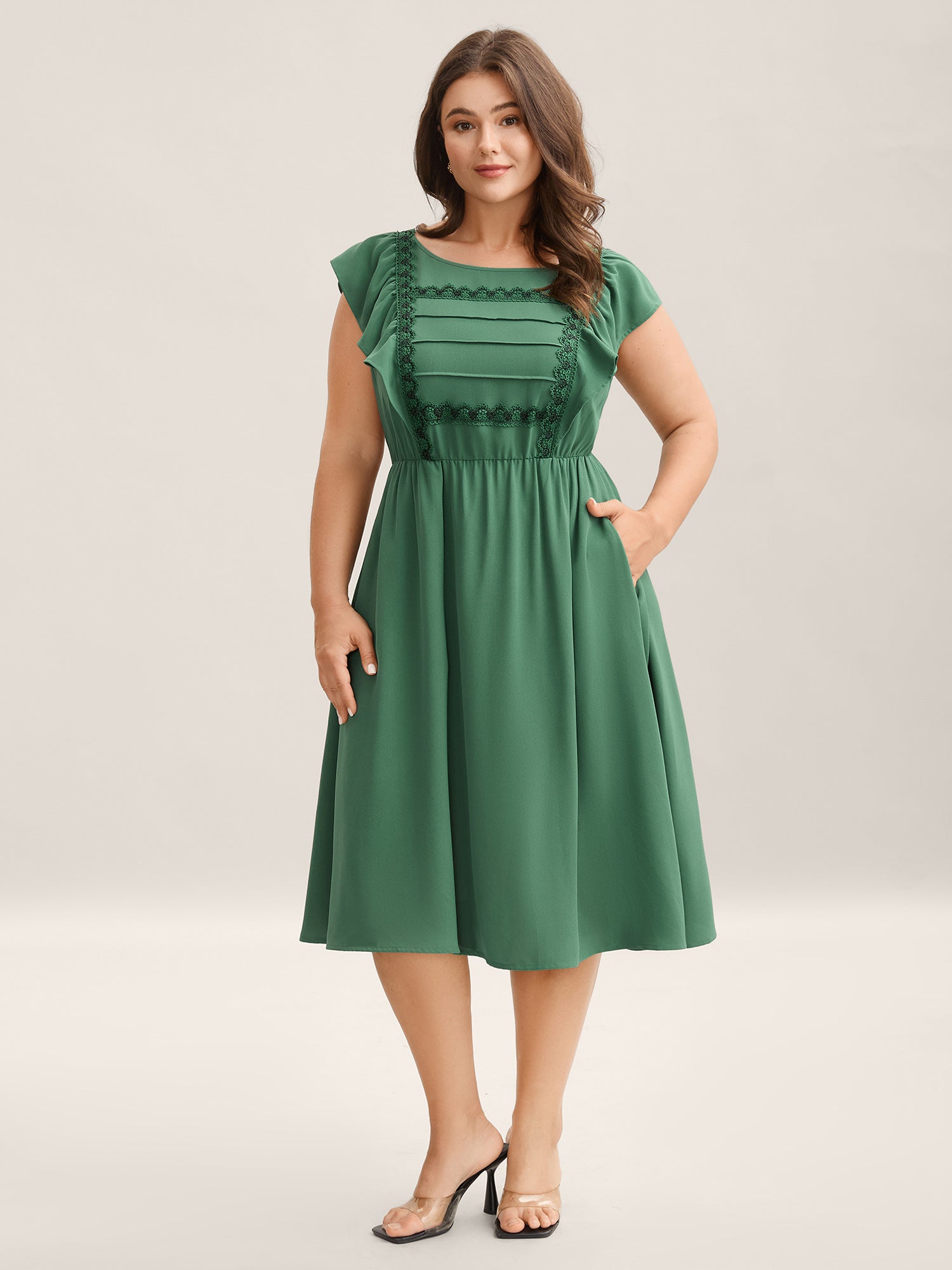 Lace Trim Pleated Ruffled Sleeve Midi Dress