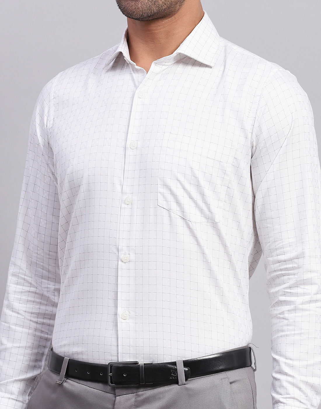 Men White Self Design Collar Full Sleeve Shirt