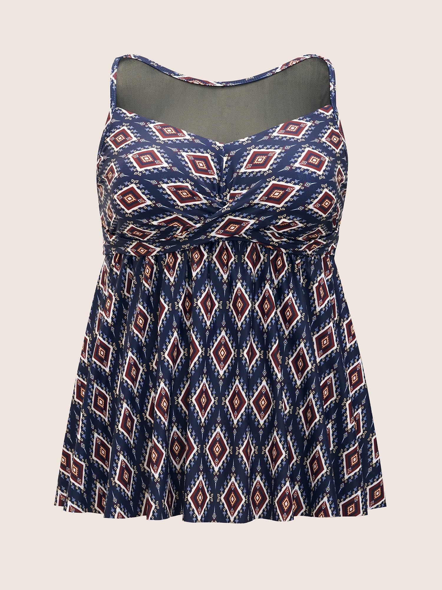 Boho Print Twist Front Patchwork Mesh Swim Top