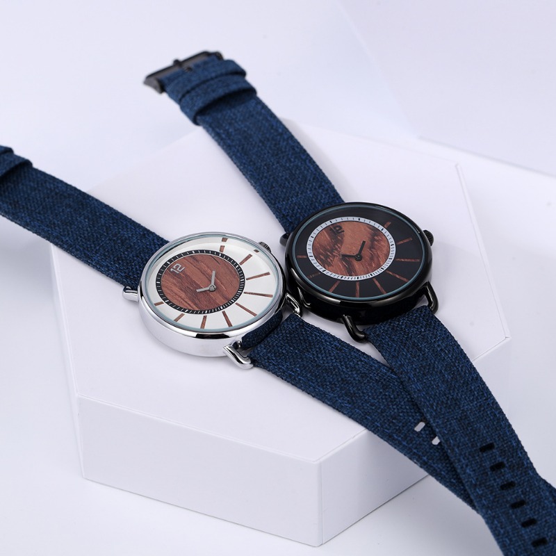 Classic Men's Quartz Watch Vintage Denim Strap Wooden Watch