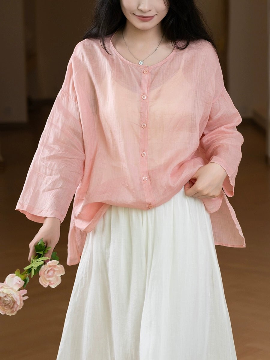 Women Summer Vintage Pure Color O-Neck 100%Ramie Shirt