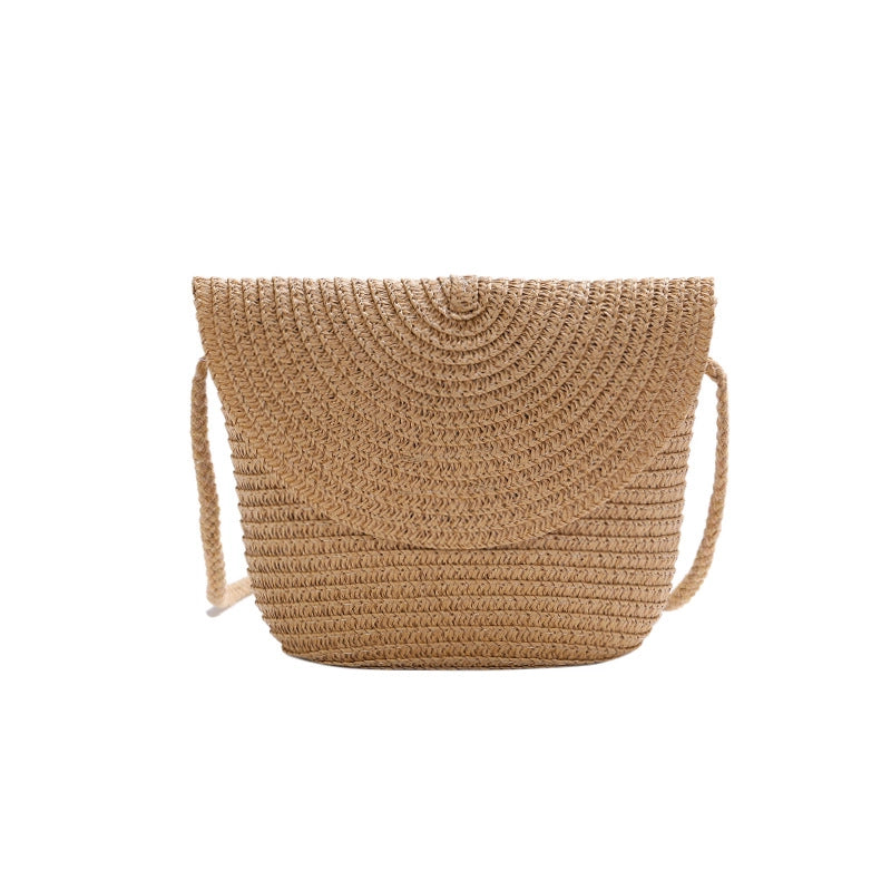Women's Straw Solid Color Beach Weave Square Zipper Flip Cover Straw Bag