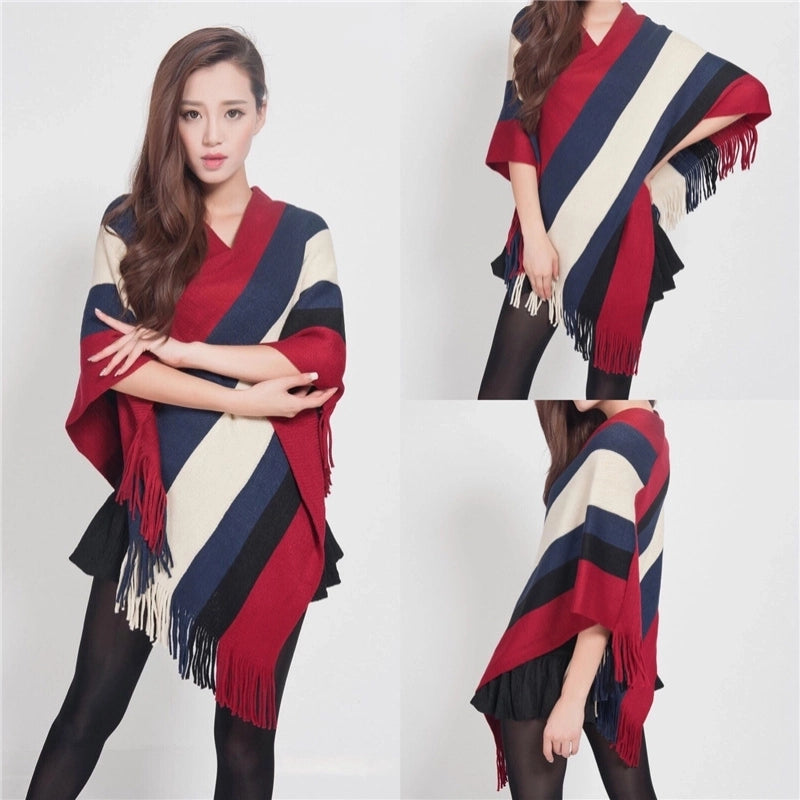 Women's Wear Tassel Pullover Midi Knitted Cloak Women's Winter Fashion Shawl Striped Sweater Coat