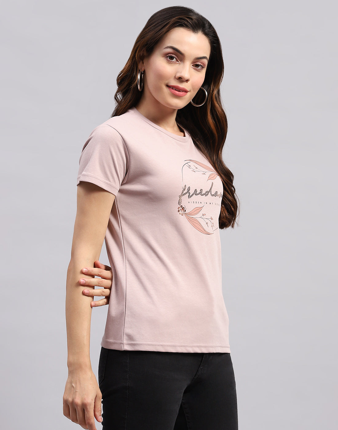 Women Pink Printed Round Neck Half Sleeve Top